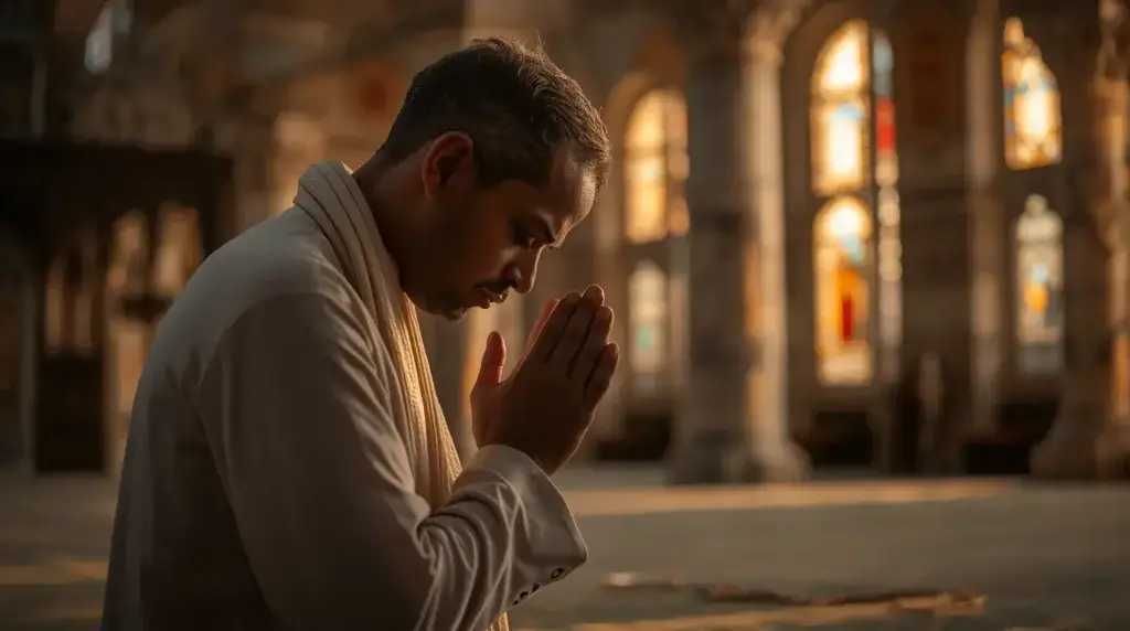 Muslim man praying in mosque seeking forgiveness from Allah.