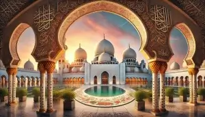 Beautiful Islamic architecture with domes and calligraphy